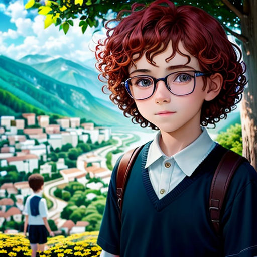 a boy with glasses and a backpack standing in front of a painting of a city and a person with a backpack