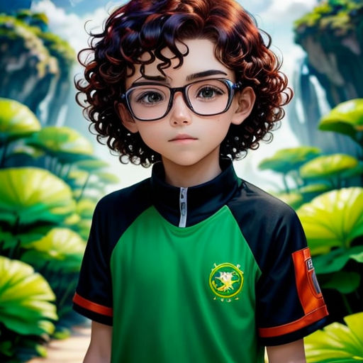 a young boy with glasses standing in front of a jungle scene with a waterfall and trees in the background