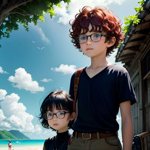 a boy and a girl standing next to each other on a beach with a tree in the background and a man in the foreground