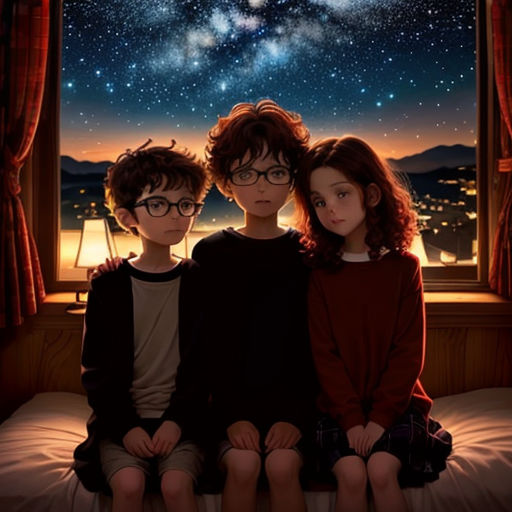 three children sitting on a bed looking out a window at the stars in the sky above them are the milky