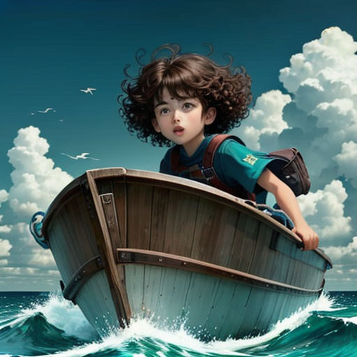 a painting of a child on a boat in the ocean with a bird flying above it and a bird flying above the boat