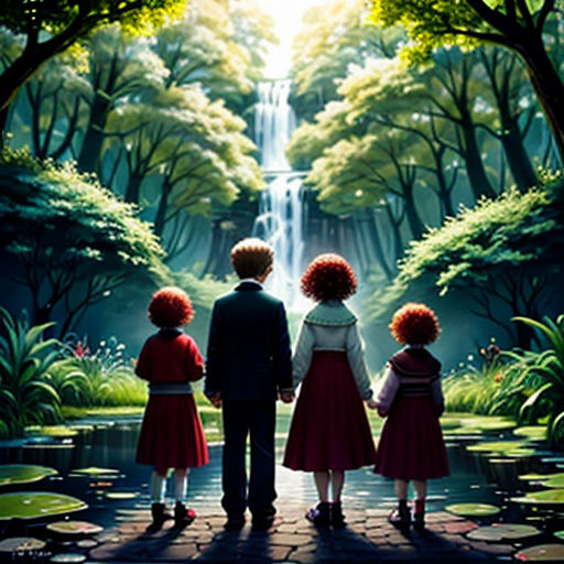 a family standing in front of a waterfall with a waterfall in the background and a forest scene in the foreground