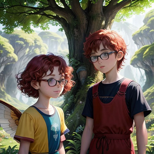a couple of kids standing next to each other in front of a tree and a forest with lots of leaves