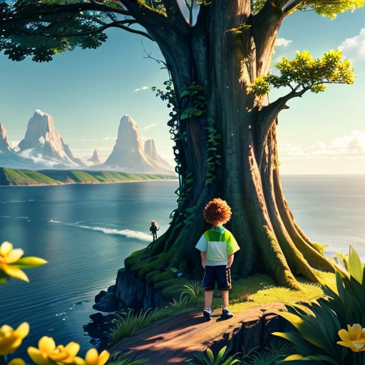 a boy standing on a cliff looking at a tree and water with mountains in the background and a boat in the water