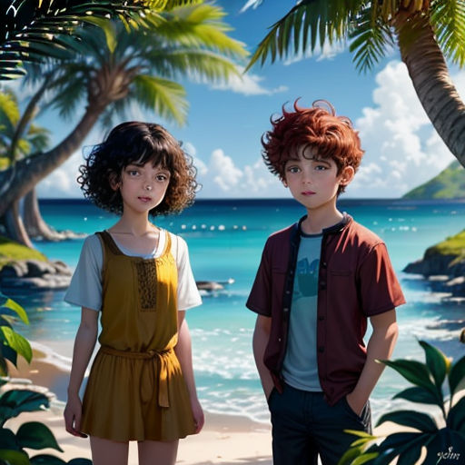 two children standing on a beach with palm trees in the background and a blue ocean in the background with a boat in the water