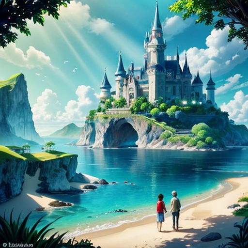 a painting of a castle on a beach with two people walking towards it and a man and woman walking towards it