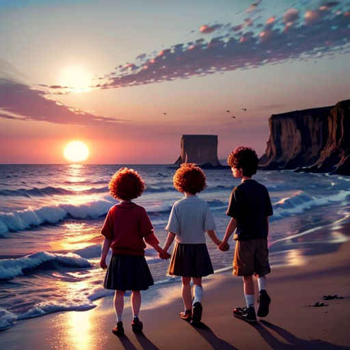 three children are standing on the beach at sunset with the sun setting in the background and the ocean in the foreground