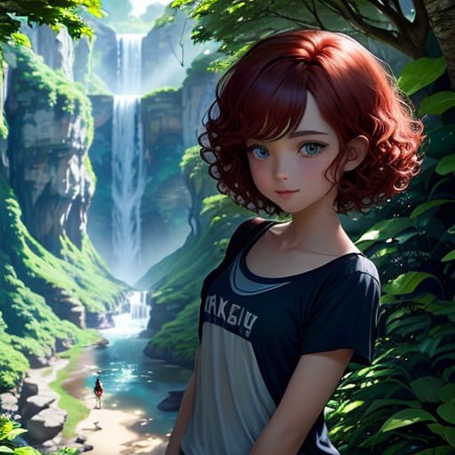 a girl standing in front of a waterfall in a forest with a boy standing next to her and a waterfall in the background
