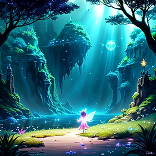 a painting of a fairy in a forest with a lake and trees in the background, with a fairy standing in the middle of the forest