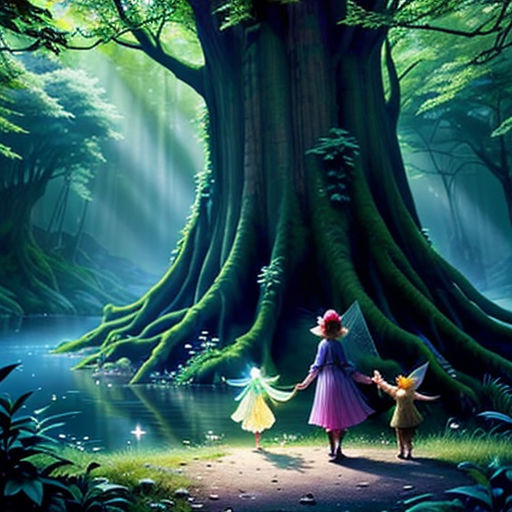 a painting of a woman and a child in a forest with a tree trunk and a stream of water