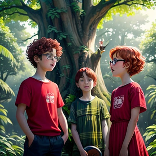 three children standing in front of a tree with a bird on it's back and a bird on its shoulder
