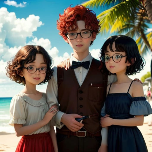three children standing on a beach with a palm tree in the background and a man in a suit and tie