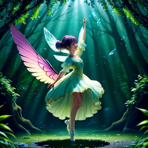 a fairy with a green dress and wings in the woods with a butterfly in her hand and a blue bird in her hand