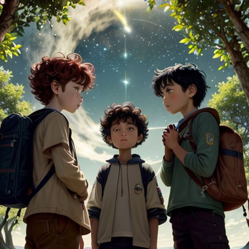 three children standing in front of a tree with a sky background and stars in the sky above them, and a boy in the middle of the picture is looking at the