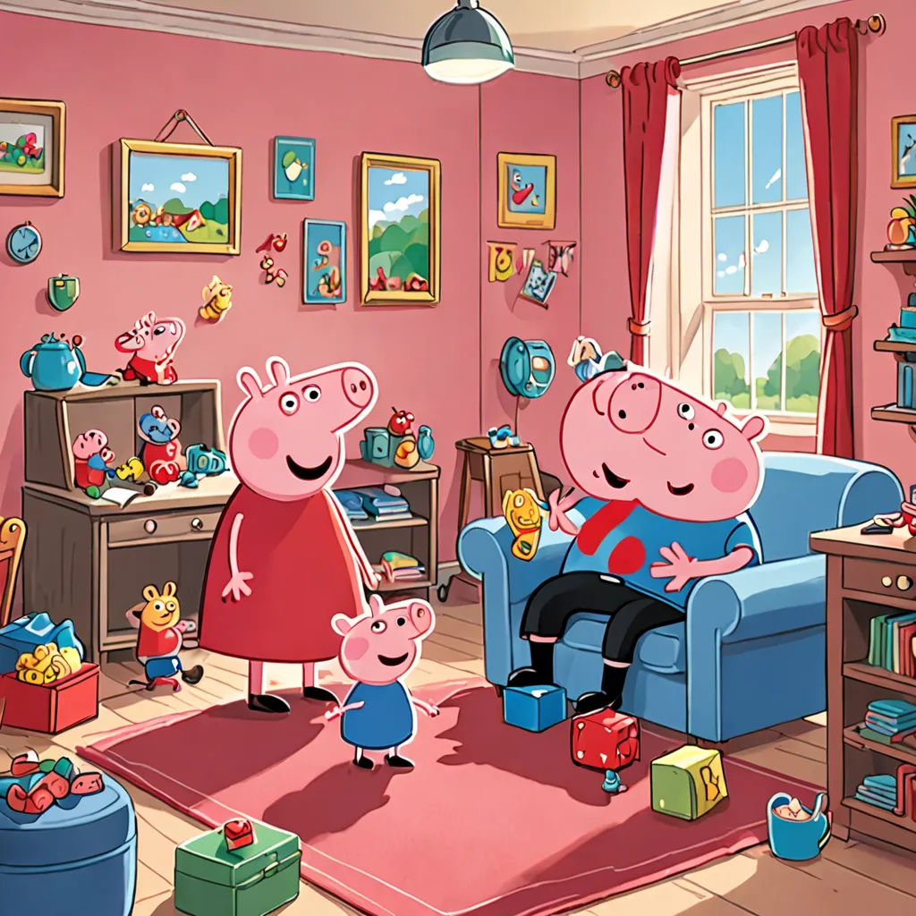 a family of peppa pig sitting in a living room with a baby pig on the floor and a man standing next to them, figurativism, a storybook illustration, Chris Ware, promotional image