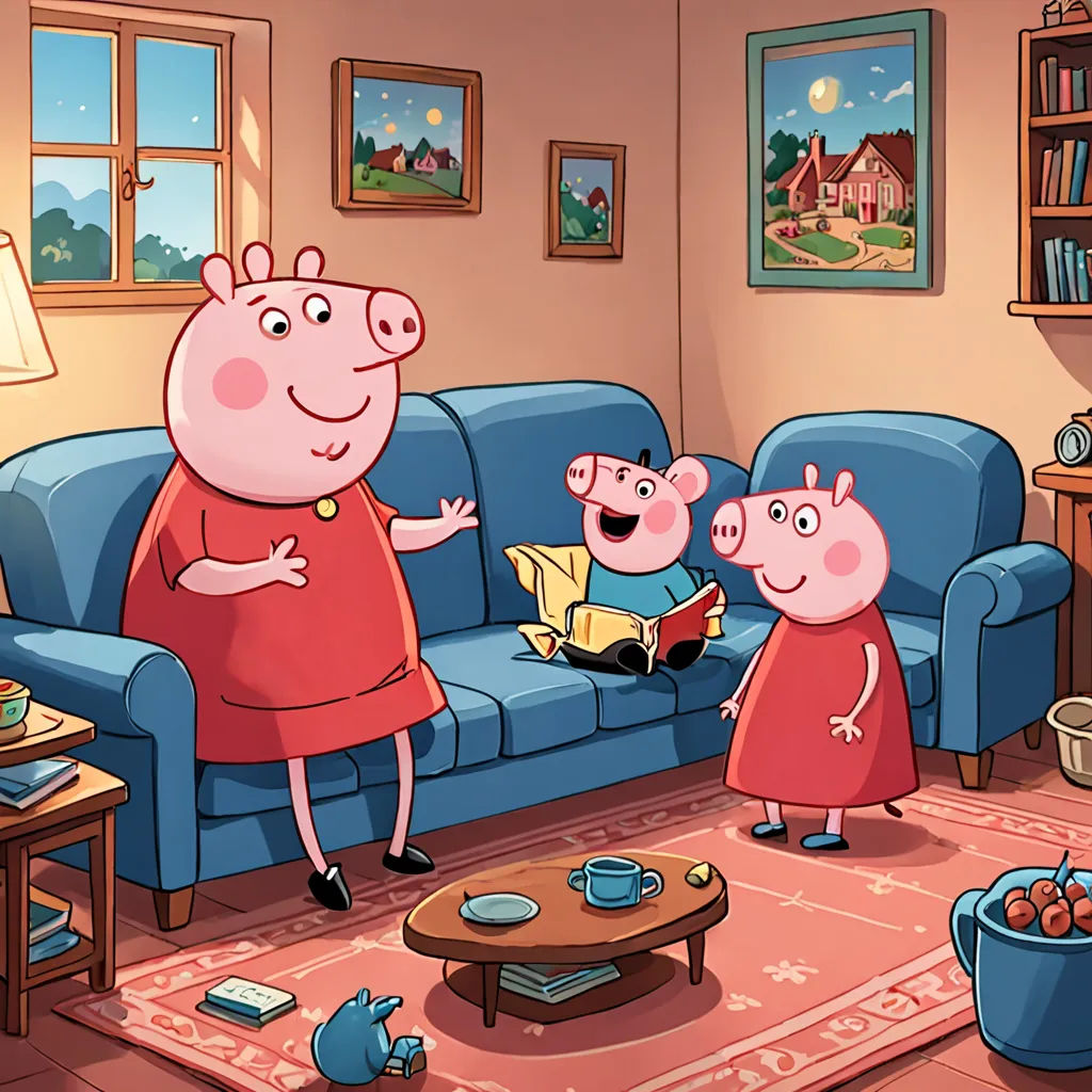 a family of peppa pig standing in a living room with a blue couch and a blue sofa with a red rug, sots art, a storybook illustration, Beatrix Potter, promotional image
