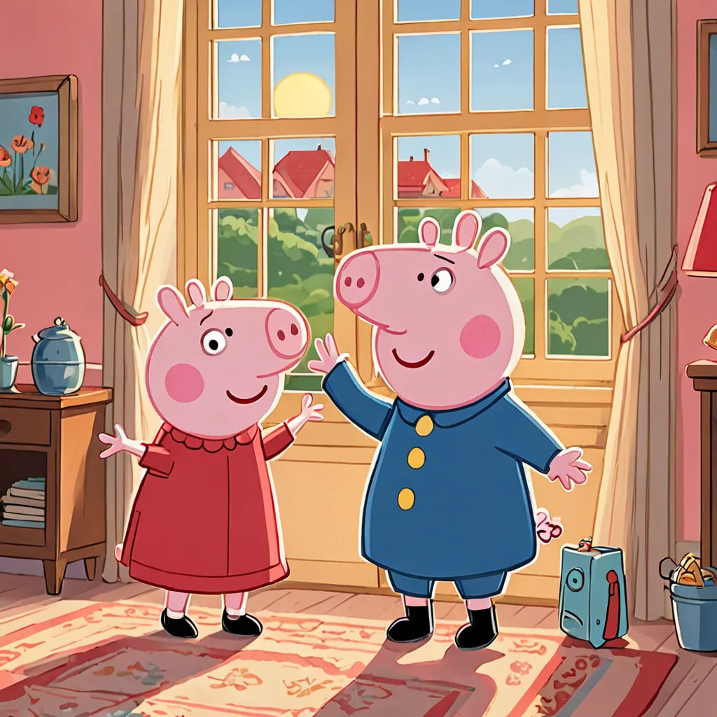 a pig and a piggy are standing in a room with a rug and a window with a view of a countryside, sots art, a storybook illustration, Beatrix Potter, promotional image