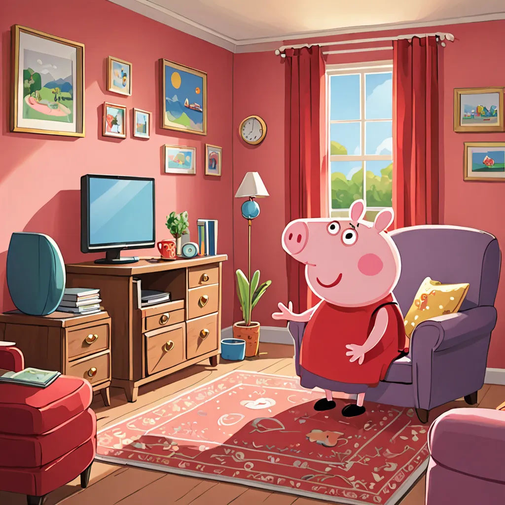 a pig sitting in a chair in a living room with a tv on the wall and a rug on the floor, sots art, concept art, Chris LaBrooy, promotional image