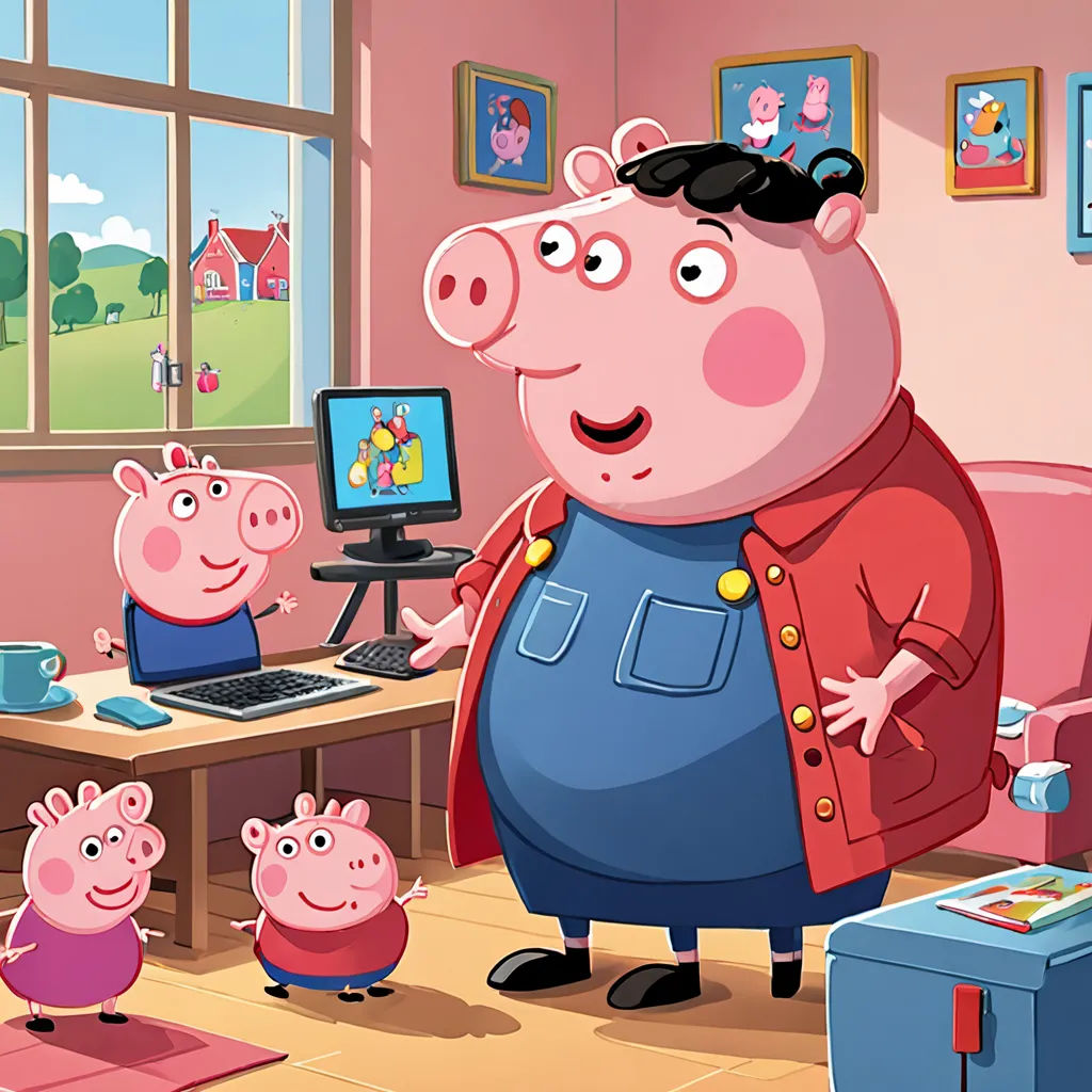 a pig and piggies are in a room with a computer and a desk with a computer monitor and a laptop, sots art, computer graphics, David Young Cameron, promotional image