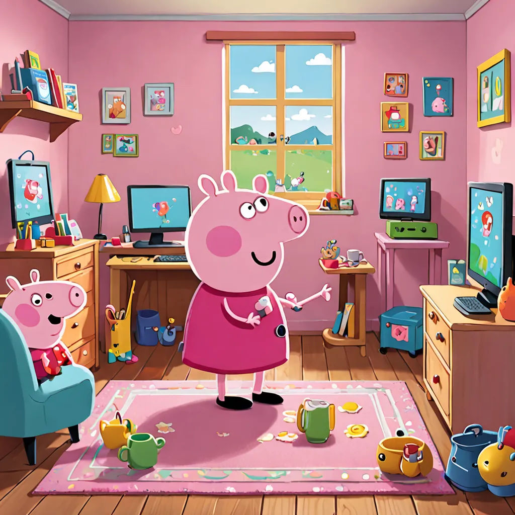 a cartoon peppo pig in a pink room with a blue chair and a pink rug on the floor, sots art, computer graphics, Chris LaBrooy, promotional image