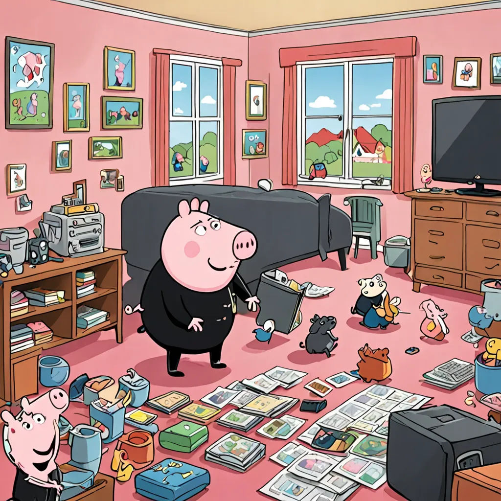 a cartoon pig is standing in a room full of toys and books and a tv is on the wall, figurativism, a storybook illustration, Chris Ware, official art