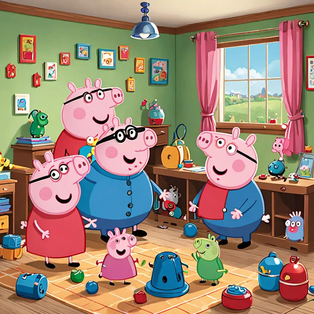 a family of peppa pig standing in a room with toys and a window in the background, and a rug on the floor, figurativism, a picture, Avgust Černigoj, promotional image