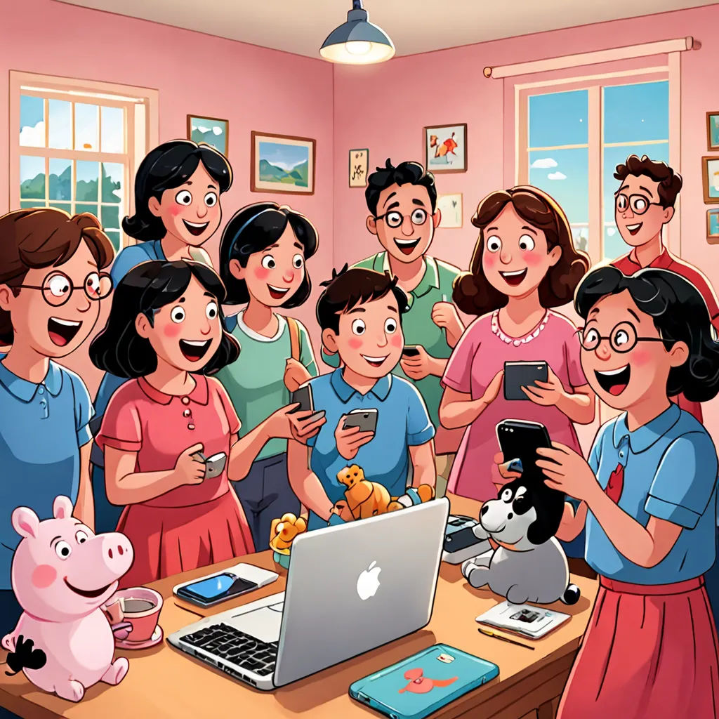 a group of people standing around a laptop computer on a table with a pig on it and a pig on the table, serial art, a storybook illustration, David Park, official art