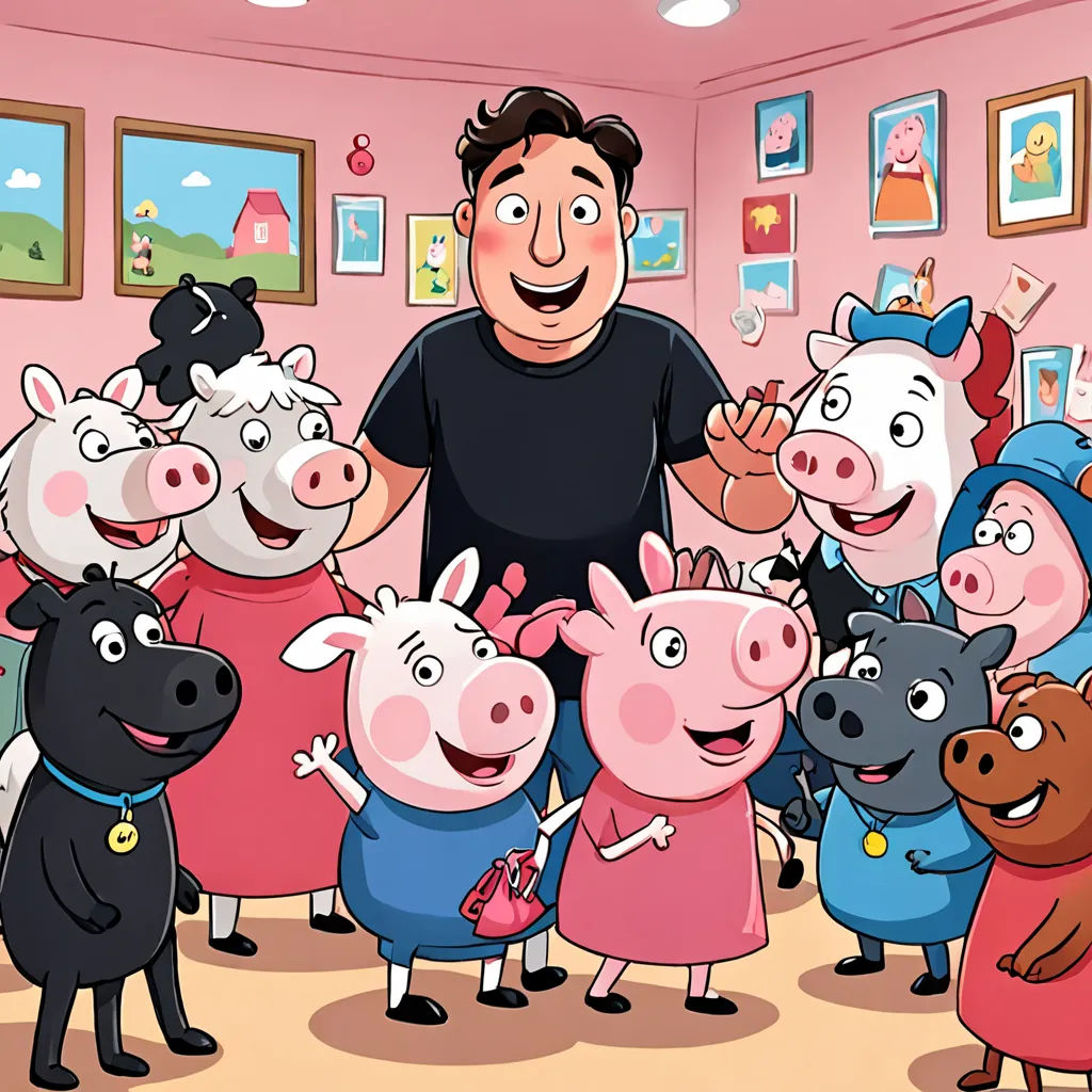 a man standing in front of a group of pigs and pigs in a room with pictures on the walls, lyco art, a storybook illustration, Diego Gisbert Llorens, promotional image