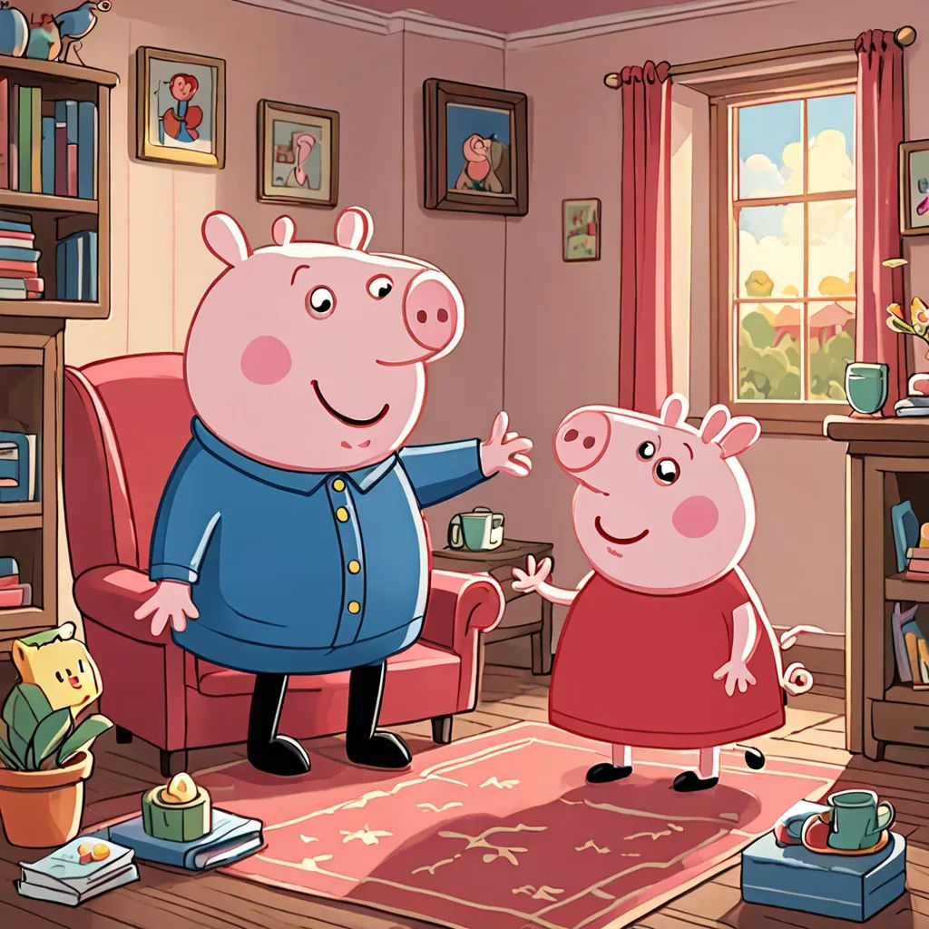 a pig and a piggy are standing in a living room together, with a rug on the floor, sots art, a storybook illustration, Beatrix Potter, promotional image