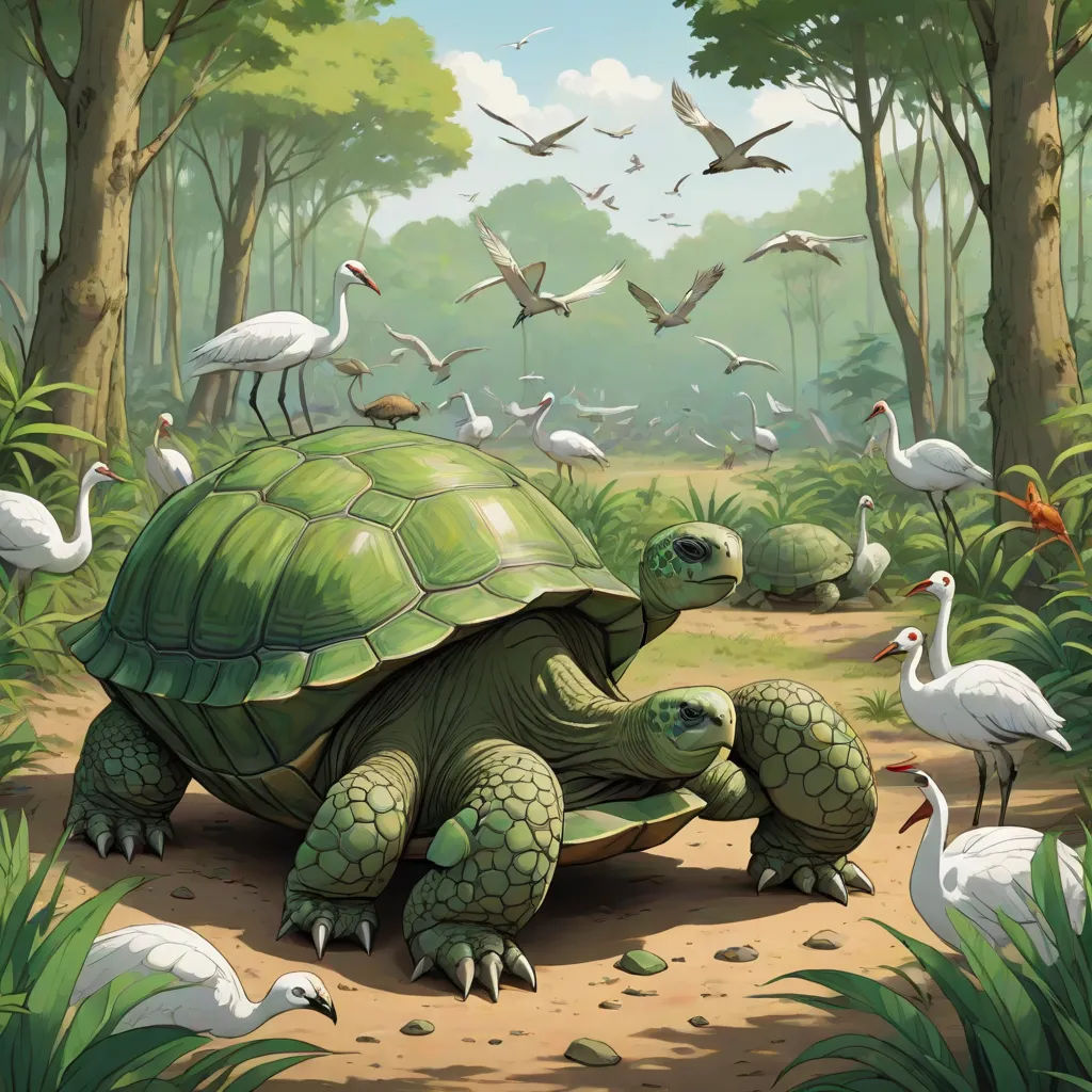a turtle and some birds in a forest with trees and grass and a path with birds on it and a bird on the ground, altermodern, a storybook illustration, Chris LaBrooy, magic the gathering artwork