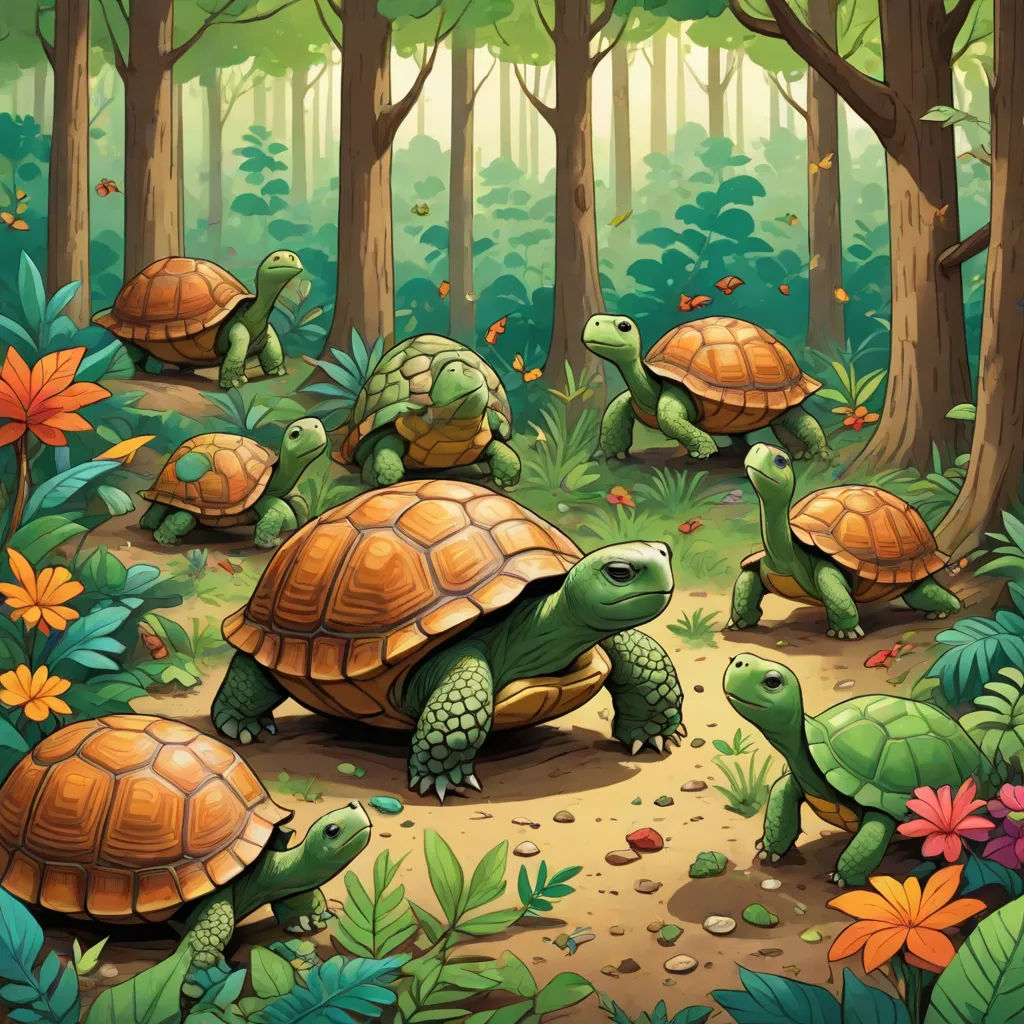 a group of turtles in a forest with flowers and trees in the background illustration by alex macinne, fantasy art, a storybook illustration, Chris LaBrooy, golden ratio illustration