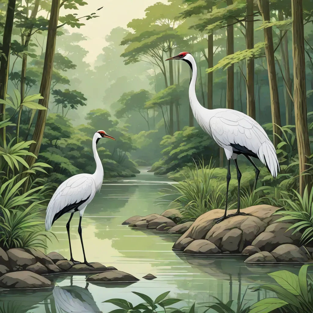 two white birds standing on a rock in a forest next to a river and trees with green foliage and rocks, ukiyo-e, a storybook illustration, Brothers Hildebrandt, birds