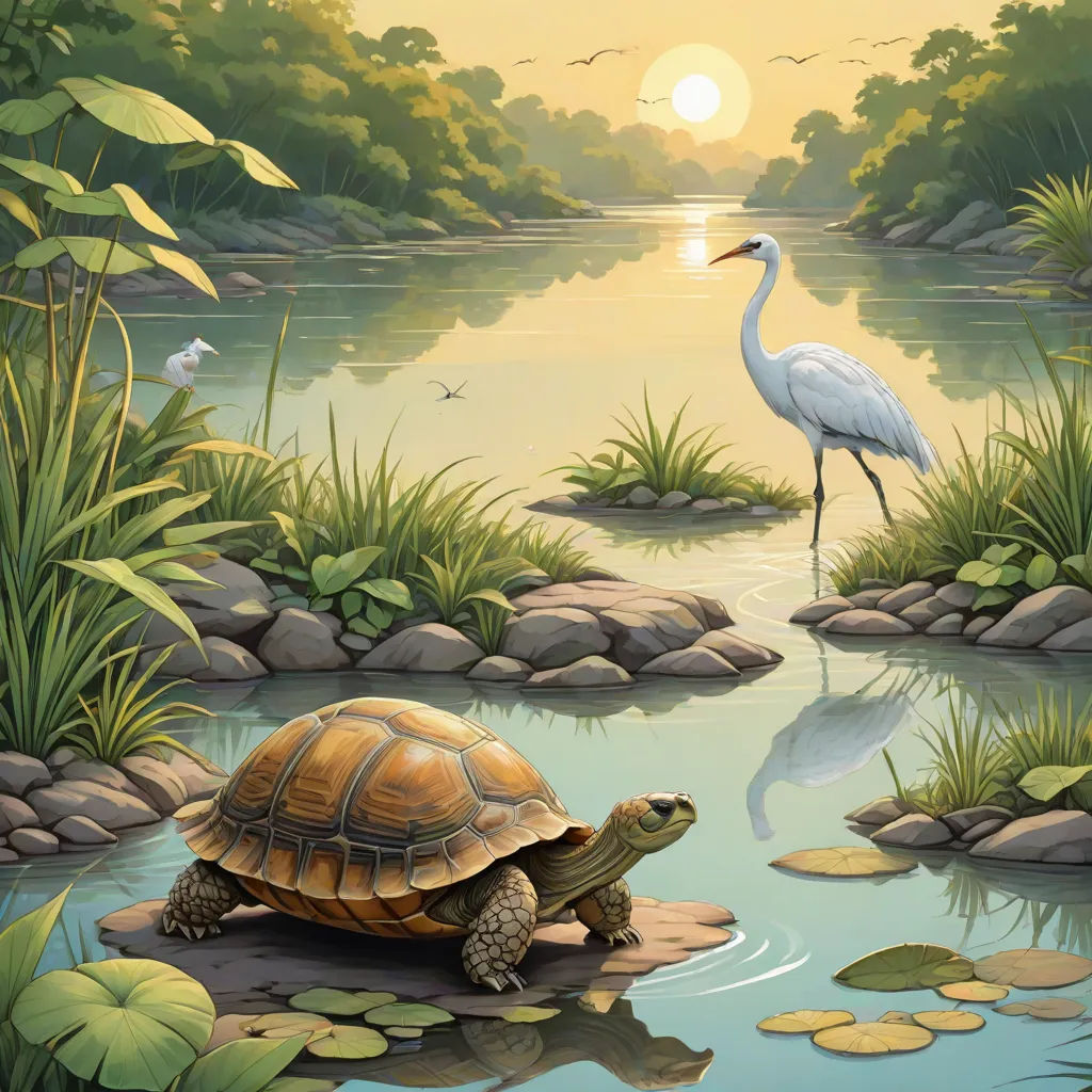 a painting of a turtle and a bird in a pond with lily pads and water lillies and a heron, american scene painting, a storybook illustration, Chris LaBrooy, storybook illustration