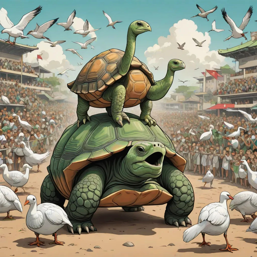 a turtle sitting on top of a turtle in front of a crowd of birds and pigeons in a stadium, altermodern, a storybook illustration, Chris LaBrooy, highly detailed digital painting