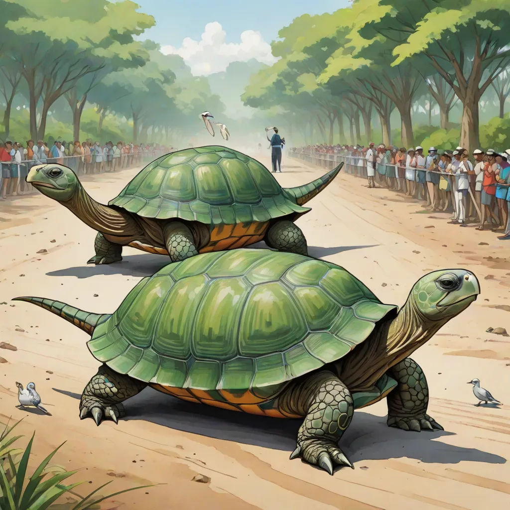 two turtles walking down a dirt road with people standing on the side of the road watching them on a sunny day, optical illusion, an illustration of, Chris LaBrooy, raytracing