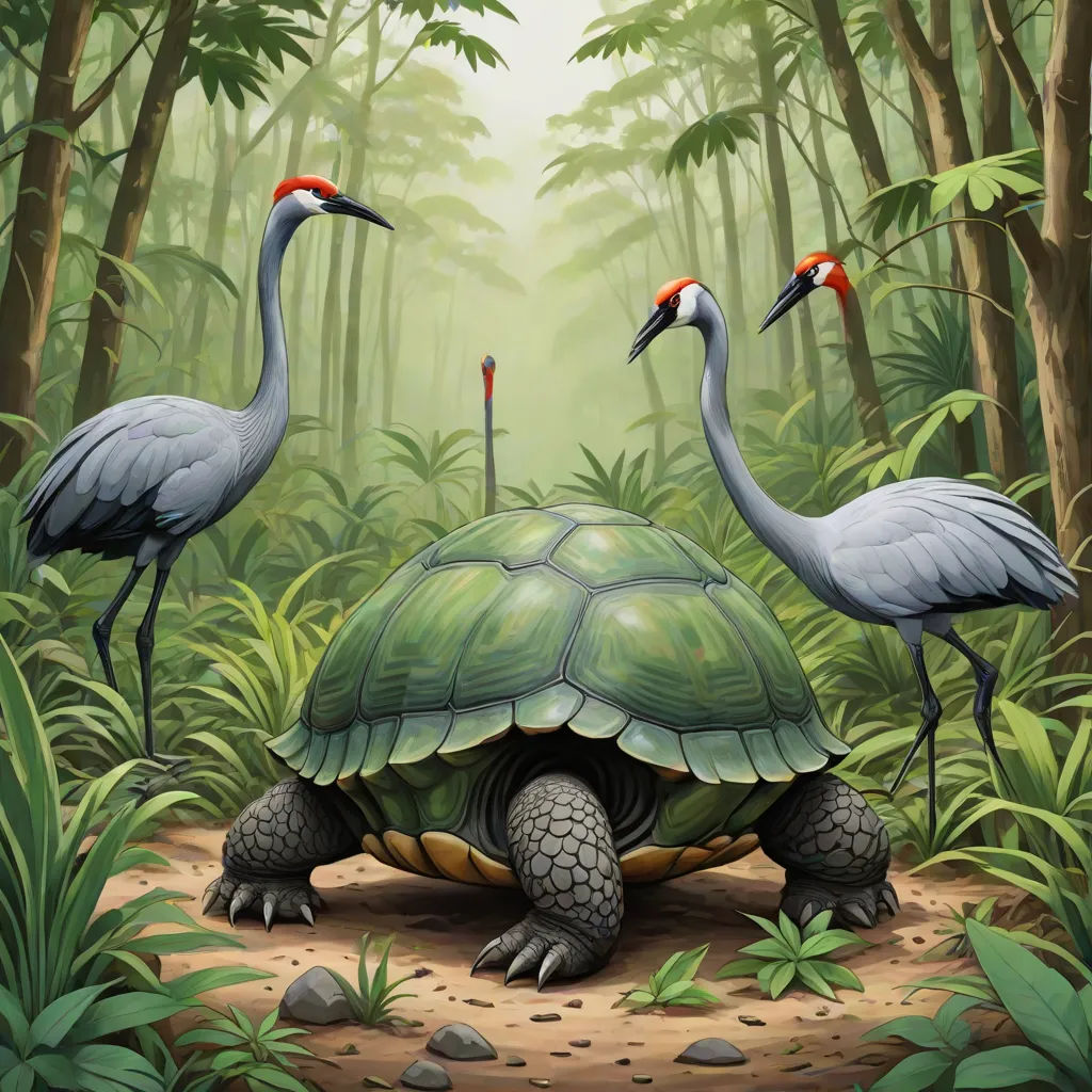 a painting of two birds standing on top of a turtle in a forest with tall trees and plants on the ground, ukiyo-e, an illustration of, Chris LaBrooy, highly detailed digital painting