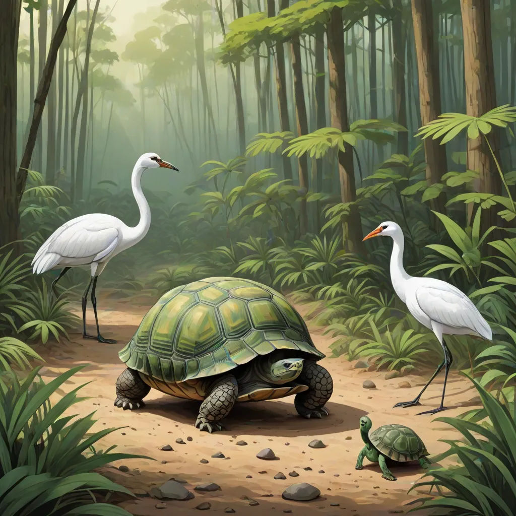 a painting of a turtle and two birds in a forest with a bird on the ground and a bird on the ground, american scene painting, a storybook illustration, Brothers Hildebrandt, magic the gathering artwork