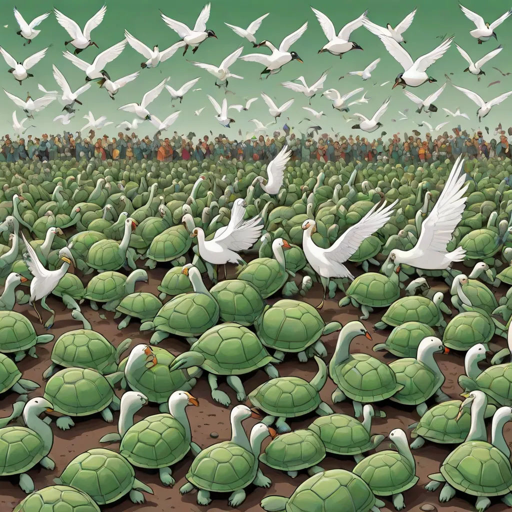 a painting of a sea of turtles and birds flying over them with a crowd of people in the background, fantastic realism, a storybook illustration, Chris LaBrooy, walton ford