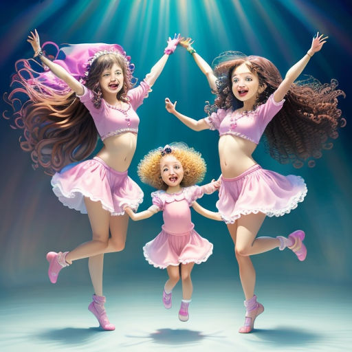 three girls in pink dresses are dancing together in the air with their arms in the air and their arms in the air
