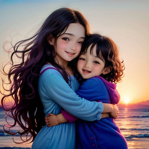 two young girls hugging each other on the beach at sunset with the sun setting behind them and the ocean in the background