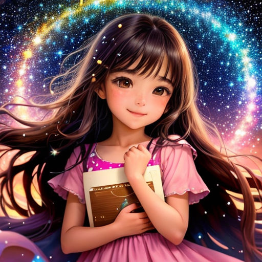 a girl in a pink dress holding a book in her hands and a star filled sky behind her, with a rainbow in the background