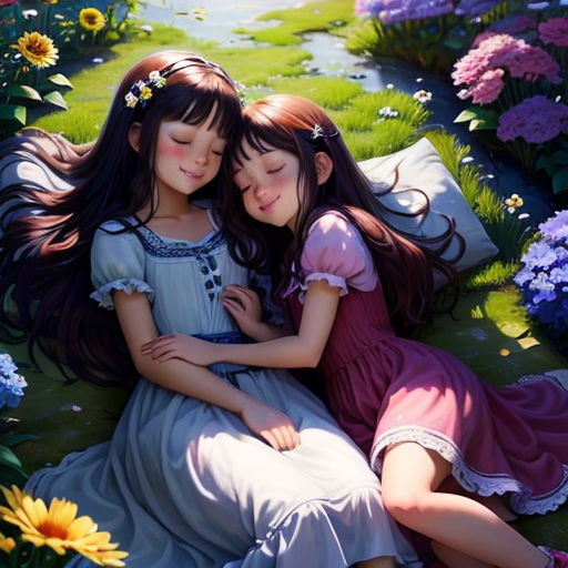 two girls are hugging in a field of flowers and daisies, with a river in the background and a field of flowers in the foreground
