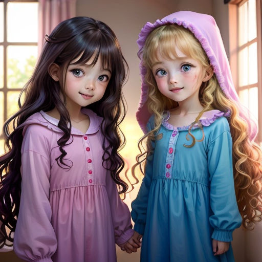 two little girls standing next to each other in dresses and bonnets, one with long hair and the other with long hair