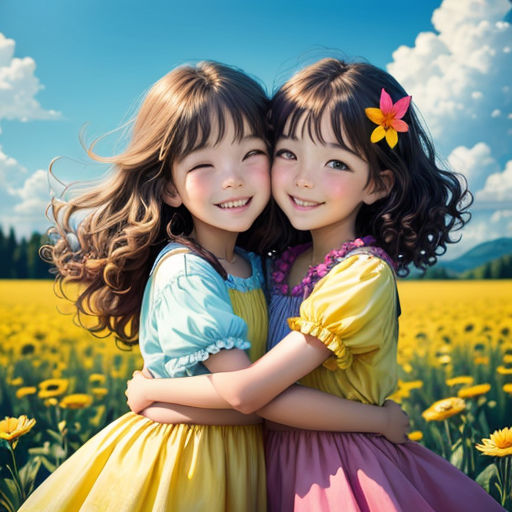 two little girls hugging each other in a field of flowers with a blue sky in the background and clouds in the sky