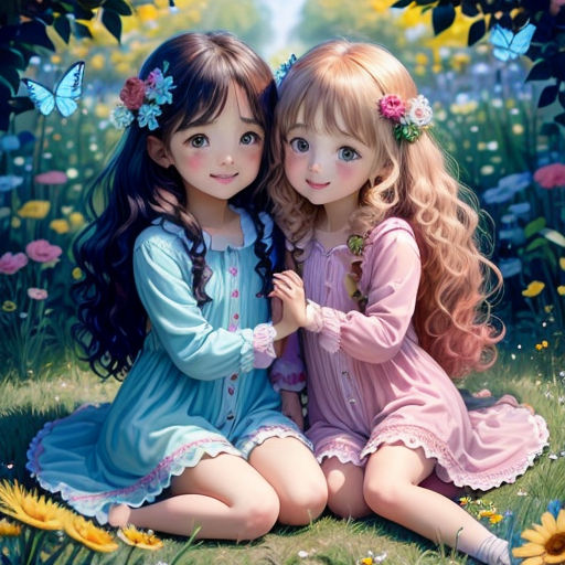 two girls sitting on the grass with flowers in their hair and one girl with long hair and a flower in her hair