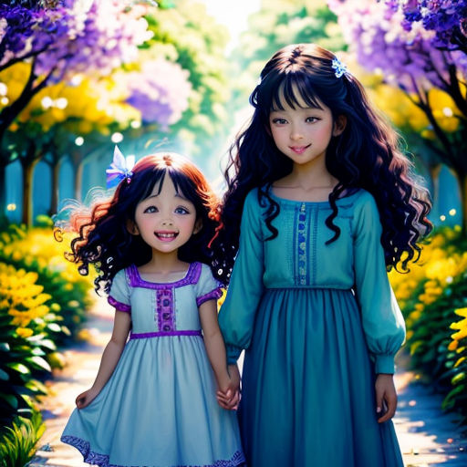 two little girls standing next to each other in a park with flowers on the trees and a path leading to them