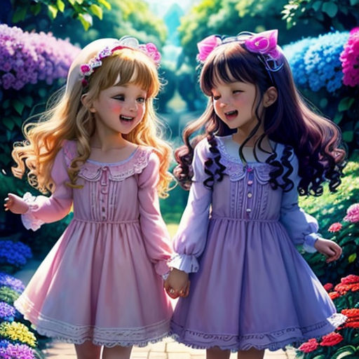 two little girls standing next to each other in a garden with flowers and trees in the background and a path leading to the park