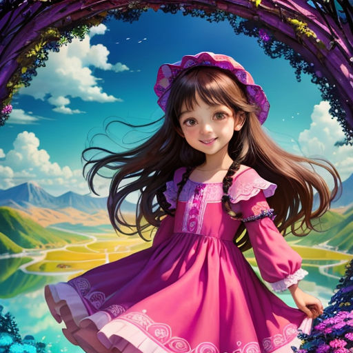 a little girl in a pink dress and hat standing in front of a purple background with flowers and a mountain