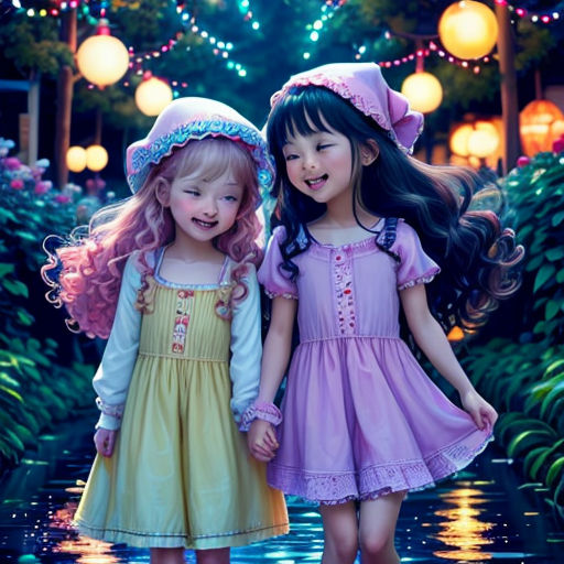 two little girls are standing in the rain together and smiling at the camera they are dressed in dresses and hats