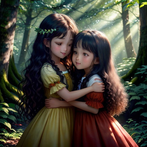 two girls hugging in the woods with sunlight shining through the trees behind them and a forest background with green leaves